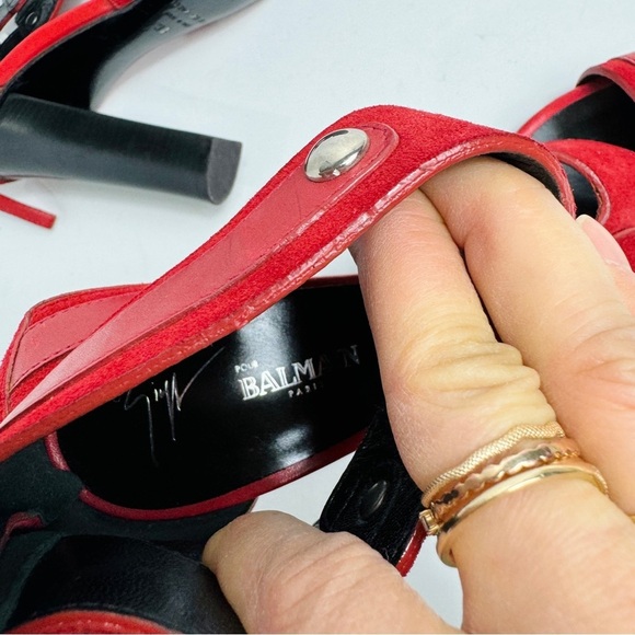 Giuseppe Zanotti For Balmain Red Suede Buckle Strappy Sandals Size 38 - Picture 8 of 14